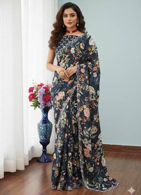 black silk blend digital printed saree with swarovski diamond work & blouse piece 2