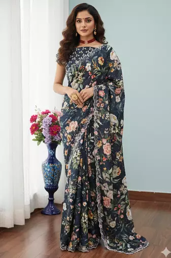 black silk blend digital printed saree with swarovski diamond work & blouse piece