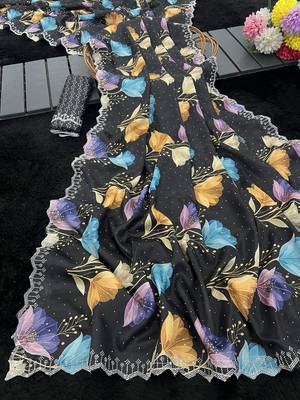 black silk blend digital printed saree with swarovski diamond work & blouse piece 1