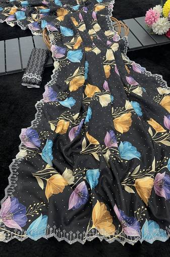 black silk blend digital printed saree with swarovski diamond work & blouse piece