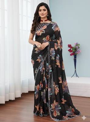 black silk blend digital printed saree with swarovski diamond work & blouse piece 2