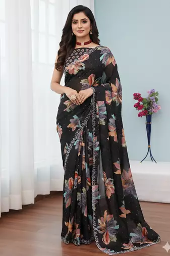 black silk blend digital printed saree with swarovski diamond work & blouse piece