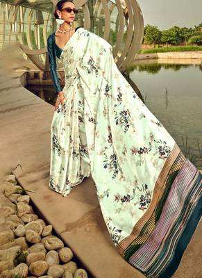 Off white original japan satin saree with digital print blouse 1