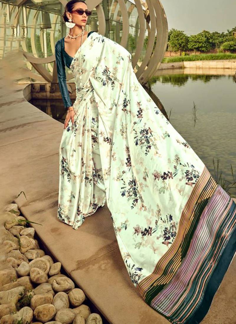 Off white original japan devsena satin saree japan satin digital print blouse