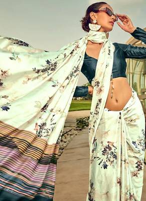 Off white original japan satin saree with digital print blouse 2