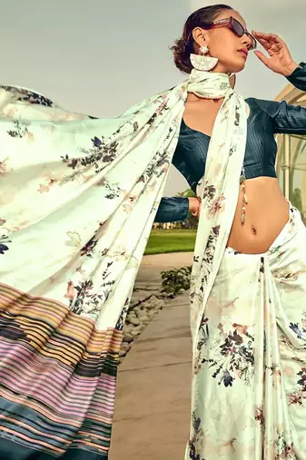 Off white original japan satin saree with digital print blouse