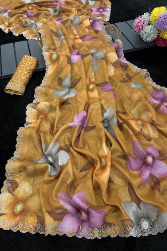 mustard silk blend digital printed saree with swarovski diamond work & blouse piece