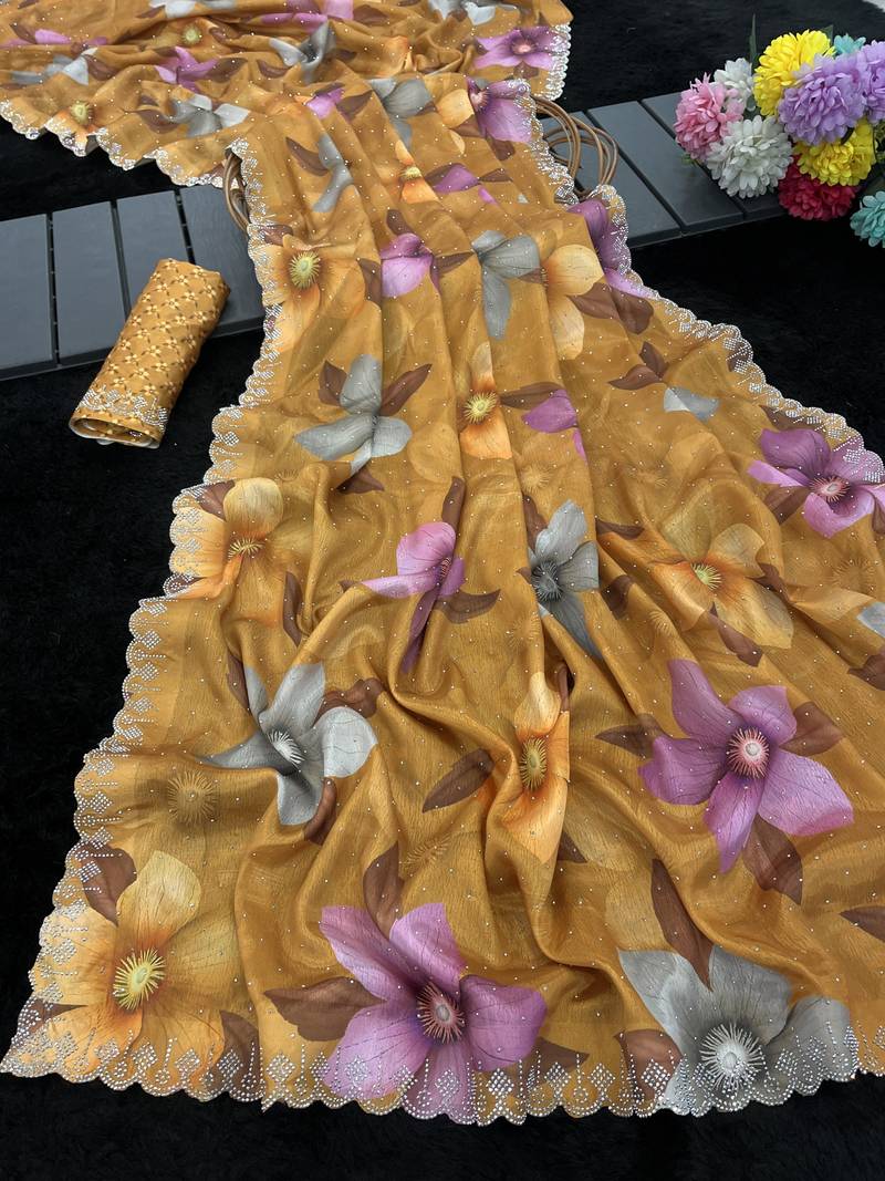 mustard silk blend digital printed saree with swarovski diamond work & blouse piece