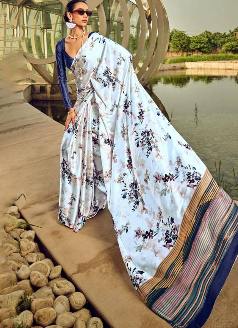 Off white original japan devsena satin saree japan satin digital print blouse