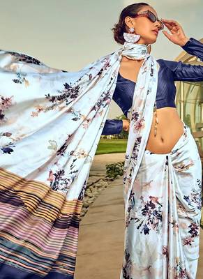 Off white original japan satin saree with digital print blouse 2