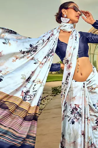 Off white original japan satin saree with digital print blouse