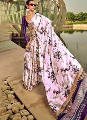 Off white original japan satin saree with digital print blouse 1