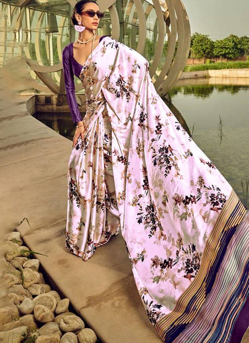 Off white original japan devsena satin saree japan satin digital print blouse