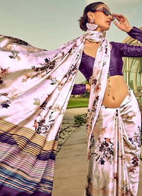 Off white original japan satin saree with digital print blouse 2