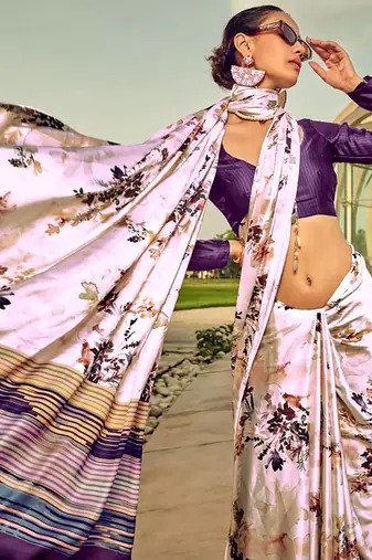Off white original japan satin saree with digital print blouse