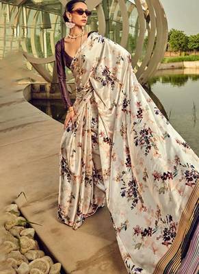 Off white original japan satin saree with digital print blouse 1