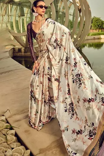 Off white original japan devsena satin saree japan satin digital print blouse