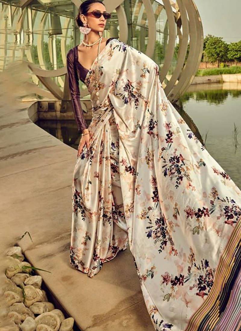 Off white original japan devsena satin saree japan satin digital print blouse