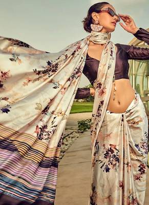 Off white original japan satin saree with digital print blouse 2