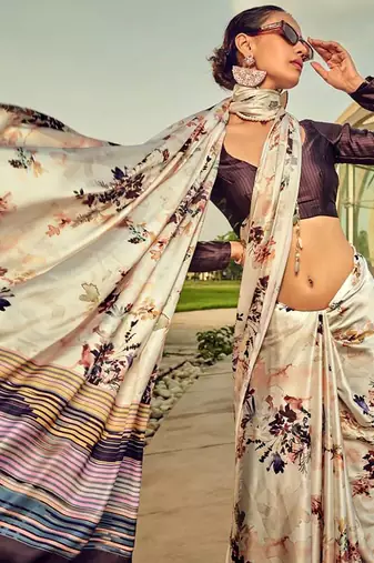 Off white original japan satin saree with digital print blouse