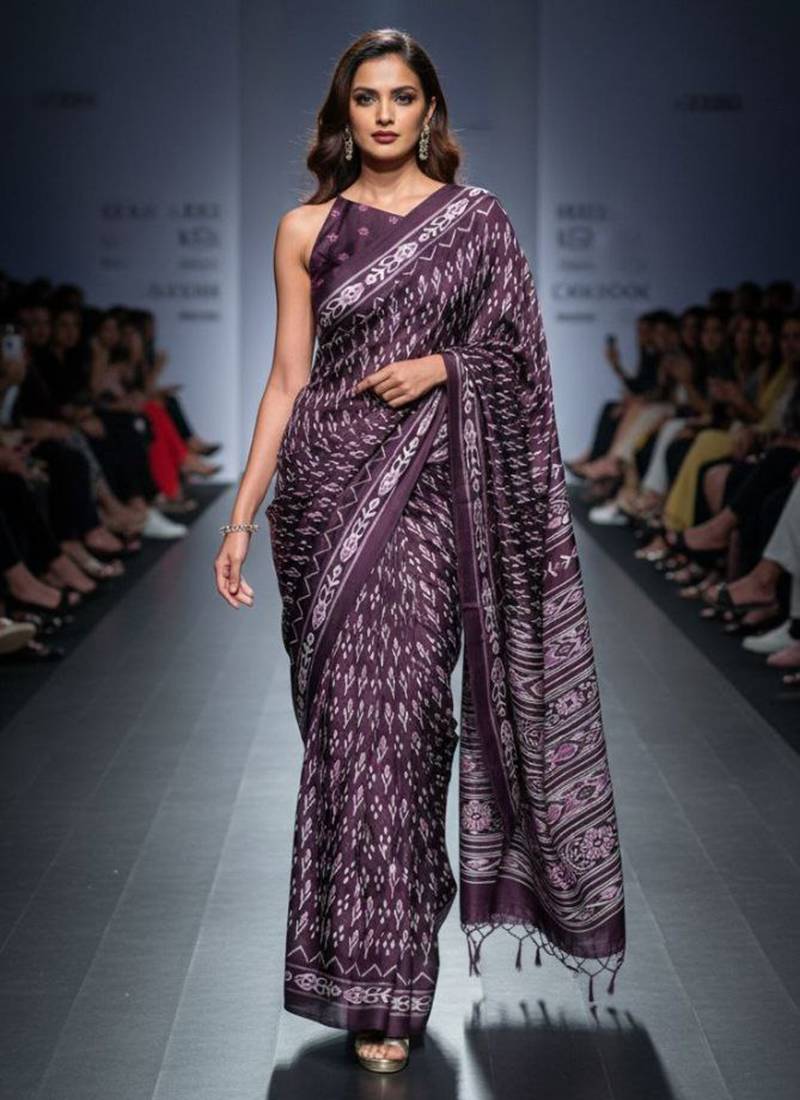 Purple original japan devsena satin saree japan satin digital print blouse