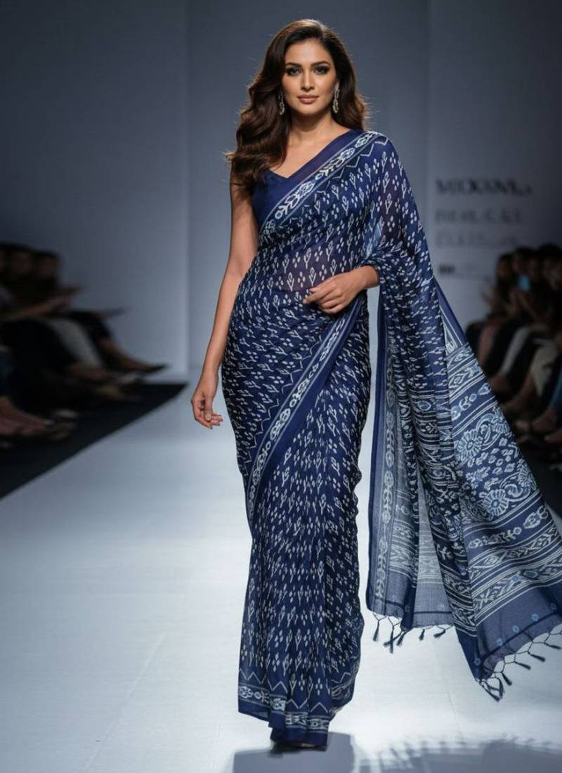 Blue original japan devsena satin saree japan satin digital print blouse