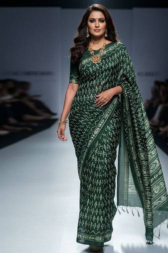Dark green original japan devsena satin saree japan satin digital print blouse