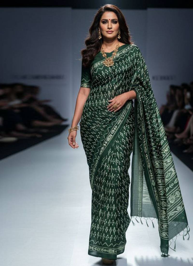 Dark green original japan devsena satin saree japan satin digital print blouse