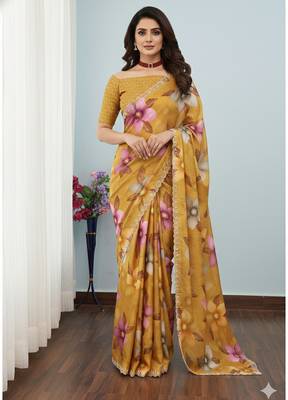 mustard silk blend digital printed saree with swarovski diamond work & blouse piece 2