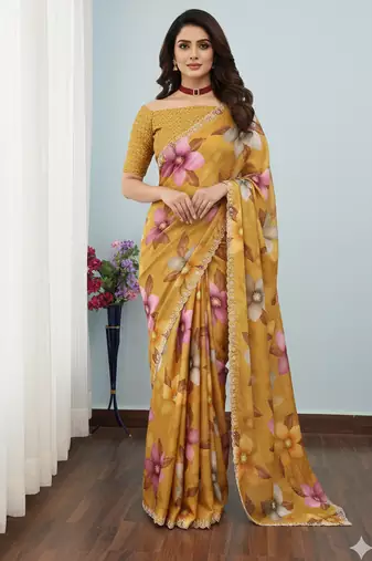 mustard silk blend digital printed saree with swarovski diamond work & blouse piece