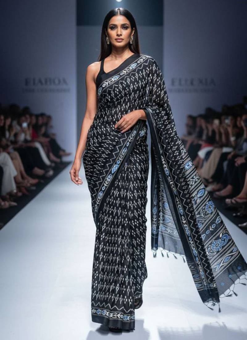 Black original japan devsena satin saree japan satin digital print blouse