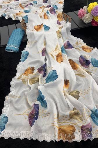 white silk blend digital printed saree with swarovski diamond work & blouse piece