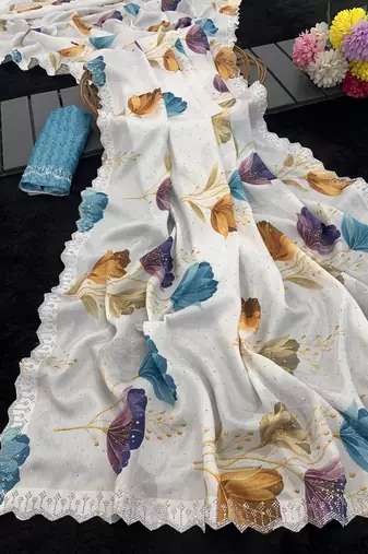 white silk blend digital printed saree with swarovski diamond work & blouse piece