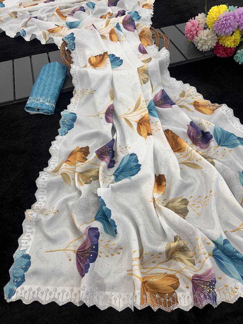 white silk blend digital printed saree with swarovski diamond work & blouse piece