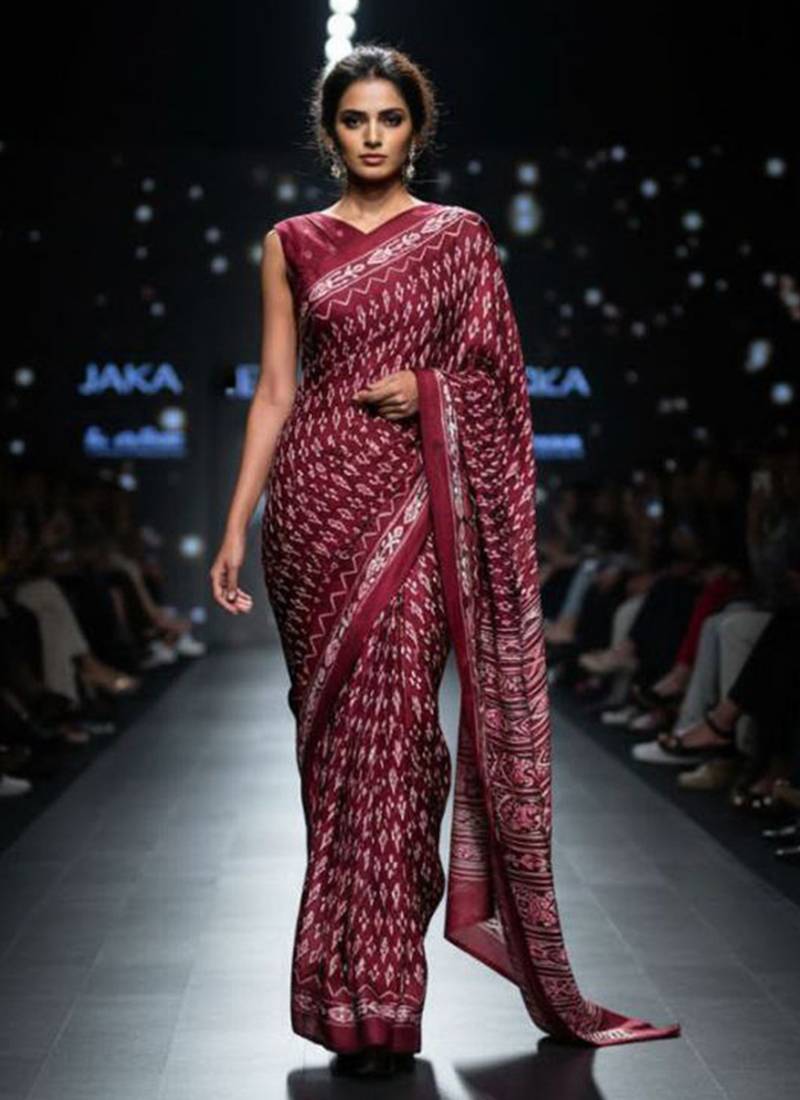 Maroon original japan devsena satin saree japan satin digital print blouse