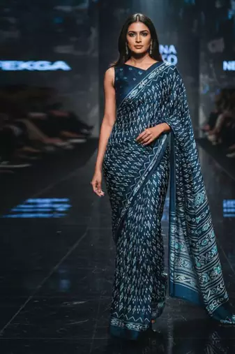 Navy blue original japan devsena satin saree japan satin digital print blouse