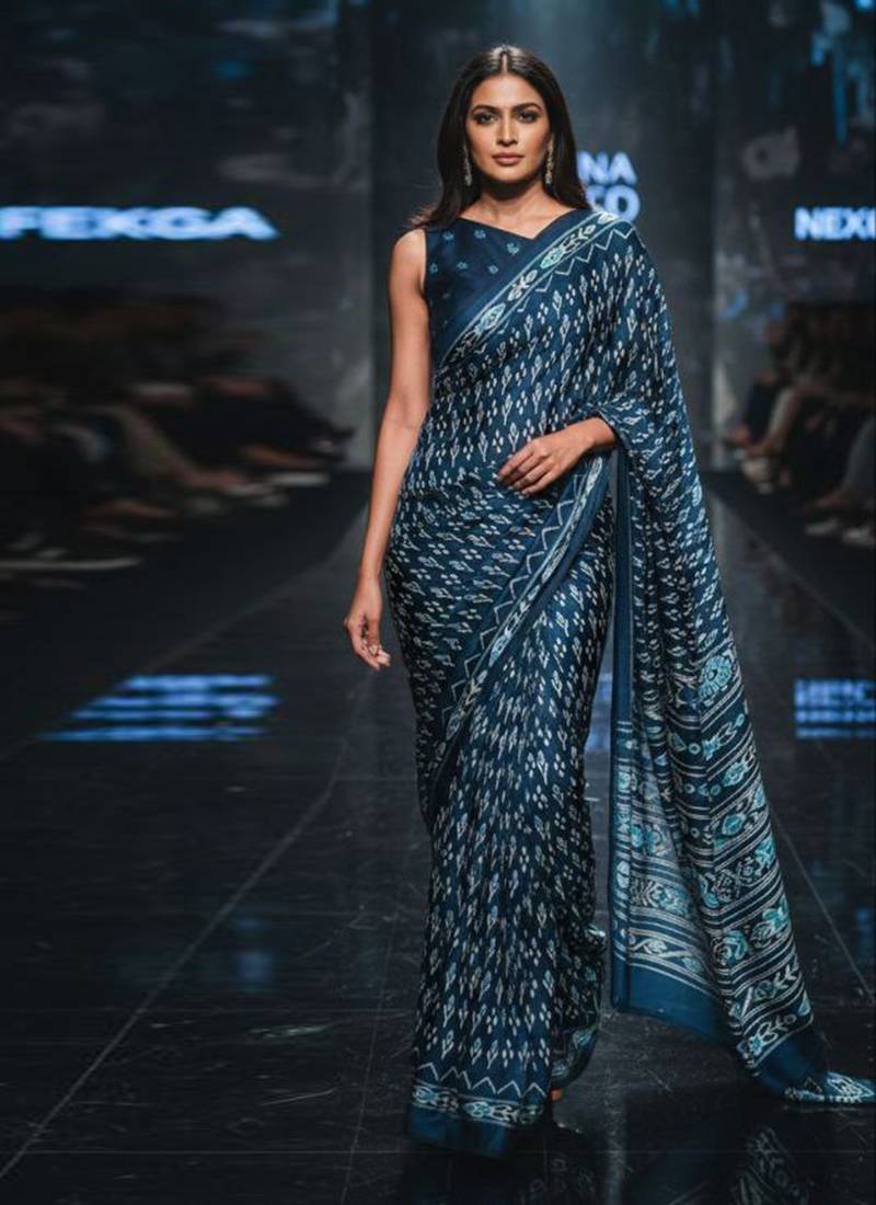 Navy blue original japan devsena satin saree japan satin digital print blouse