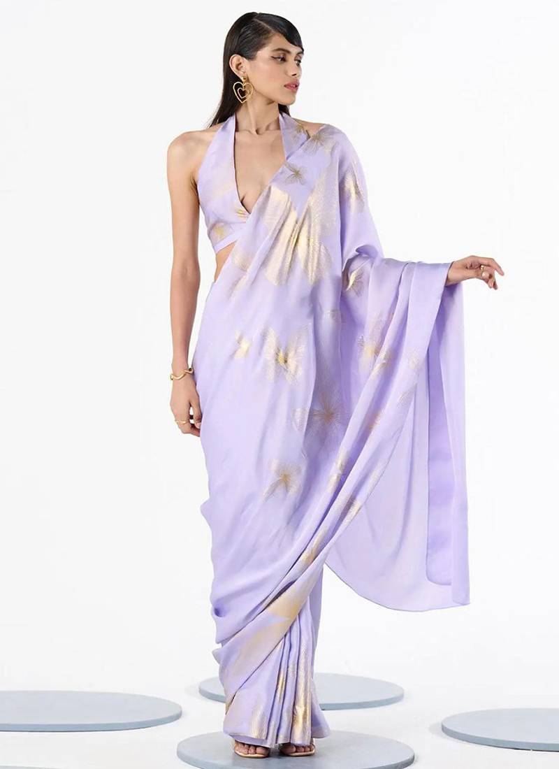 Light lavender original japan devsena satin saree japan satin digital print blouse