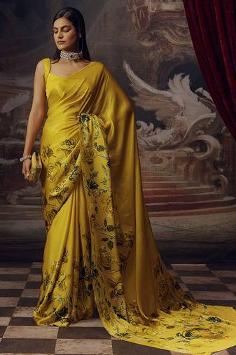 Mustard original japan devsena satin saree japan satin digital print blouse