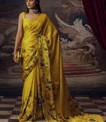 Mustard original japan devsena satin saree japan satin digital print blouse