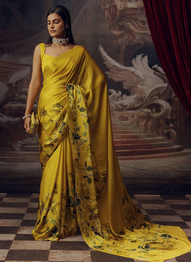 Mustard original japan devsena satin saree japan satin digital print blouse