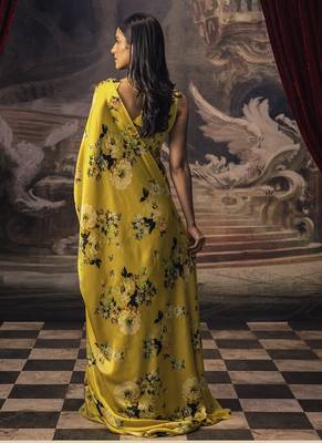 Mustard original japan satin saree with digital print blouse 2