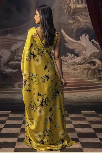 Mustard original japan satin saree with digital print blouse