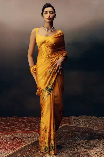Orange original japan devsena satin saree japan satin digital print blouse
