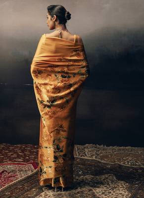 Orange original japan satin saree with digital print blouse 2