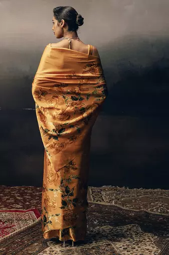 Orange original japan satin saree with digital print blouse
