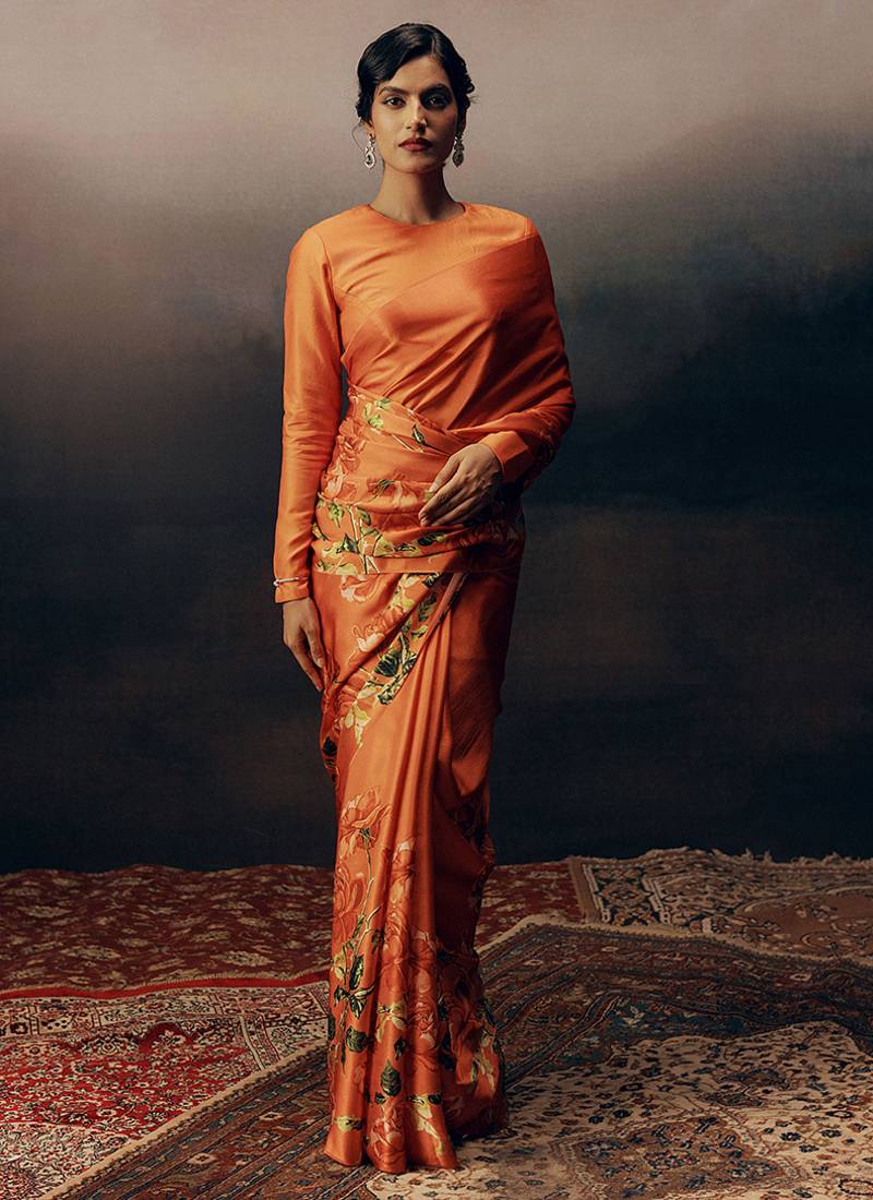 Dark orange original japan devsena satin saree japan satin digital print blouse