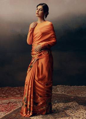 Dark orange original japan satin saree with digital print blouse 2