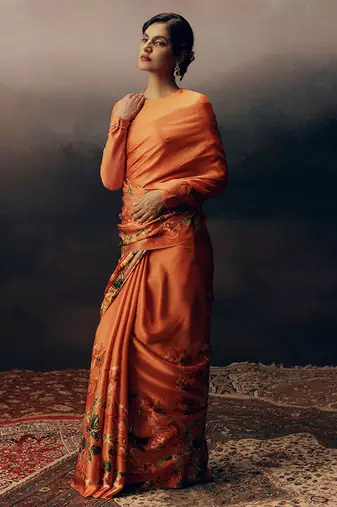 Dark orange original japan satin saree with digital print blouse