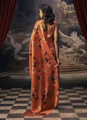 Dark orange original japan satin saree with digital print blouse 4